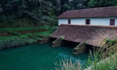 a building with a water dam