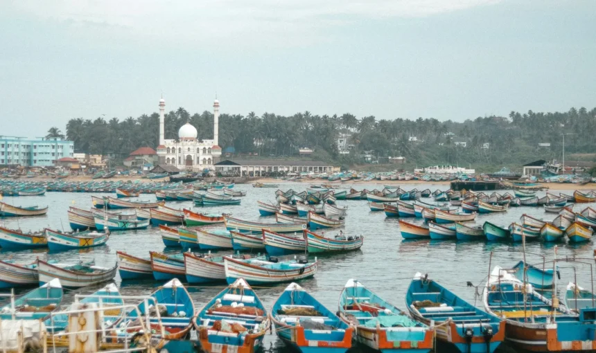 Fishing boats at Vizhinjam Harbour near Kovalam beach in Kerala